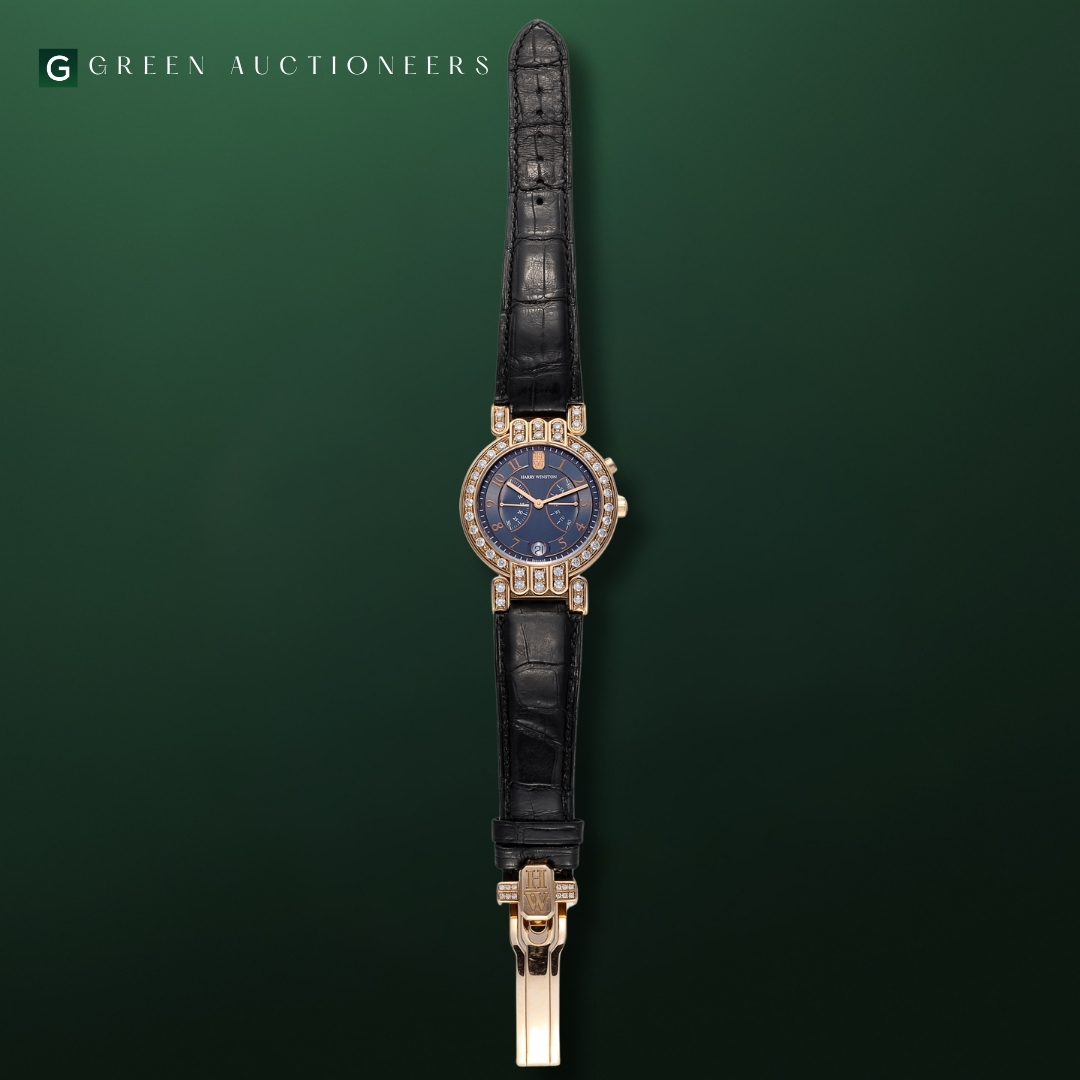Harry Winston Reference 200 MAB 137R 18k pink gold and diamond wristwatch showcasing its anthracite grey dial and signature bi-retrograde complications further front view.