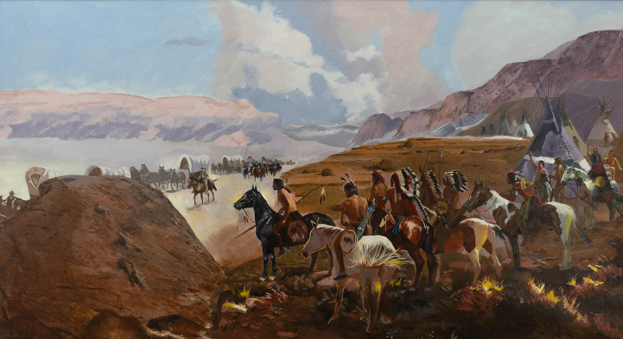 Jim Carson (1942- ) Wagons West Through Sioux Country, 2023 Oil On Canvas 30 X 66