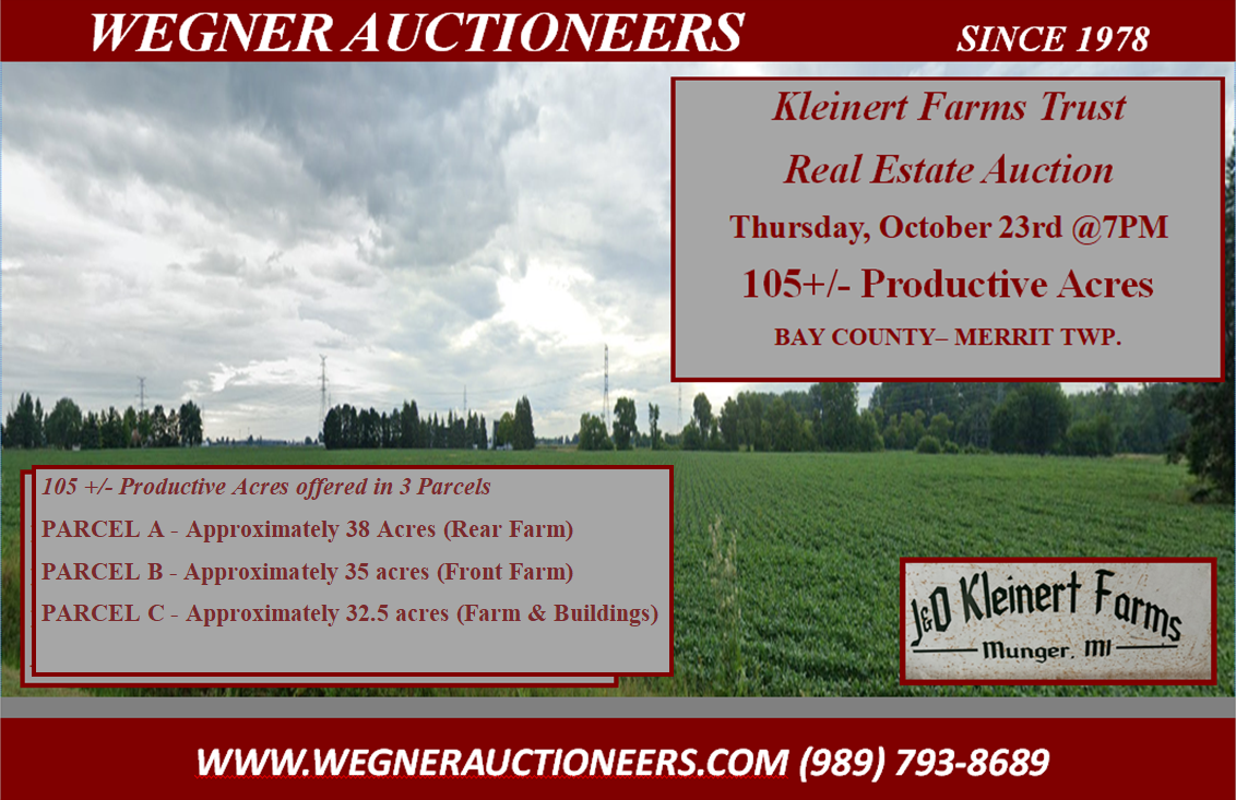 REAL ESTATE AUCTION – 105 +/- ACRES – MUNGER, MI – Thursday, October 23rd @7PM