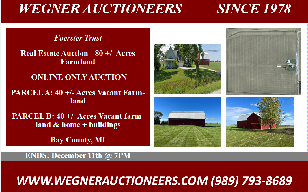 Foerster Trust – Real Estate Auction – 80 +/- Acres Farmland – Bay County, MI – Closes 12/11 @7 PM