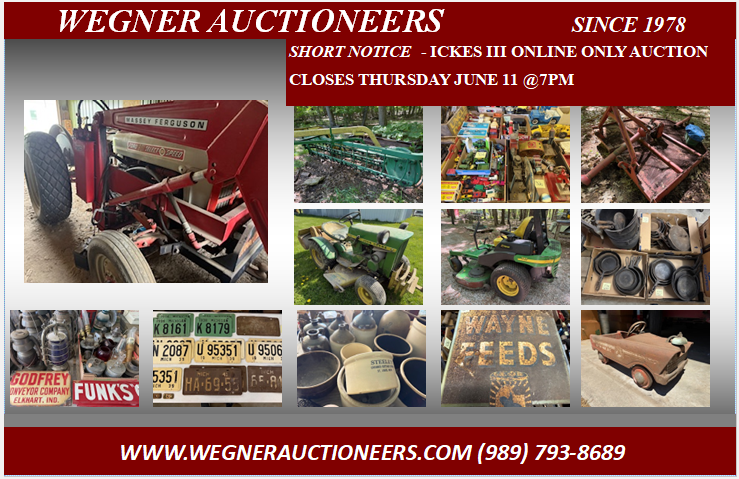 SHORT NOTICE ONLINE AUCTION – ICKES ESTATE III – CLOSES THURSDAY JUNE 11 @7PM – HEMLOCK, MI