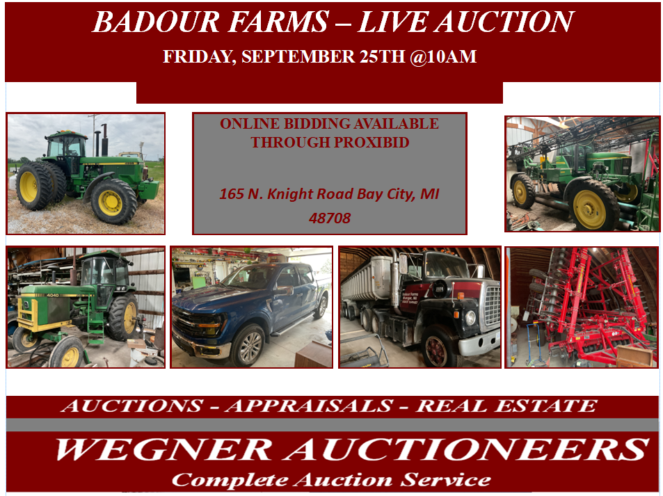 BADOUR FARMS – LIVE AUCTION – FRIDAY, SEPTEMBER 25TH @10AM – BAY CITY, MI