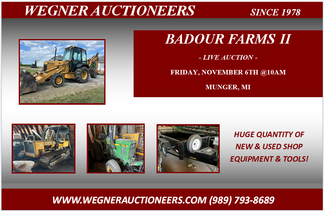 BADOUR FARMS II – LIVE AUCTION – FRIDAY, NOVEMBER 6TH @10AM – MUNGER, MI