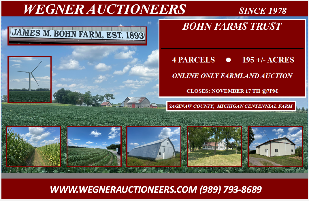 BOHN FARMS TRUST – 4 PARCEL – 195 +/- ACRES – ONLINE ONLY FARMLAND AUCTION – CLOSES NOVEMBER 17TH @7PM