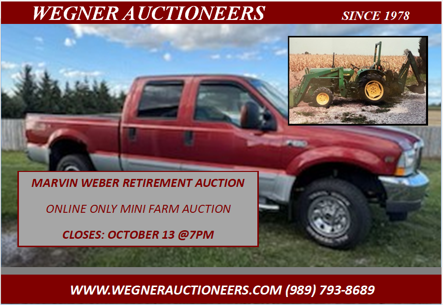 MARVIN WEBBER RETIREMENT – ONLINE ONLY AUCTION – CLOSES OCTOBER 13TH @7PM – KAWKAWLIN, MI